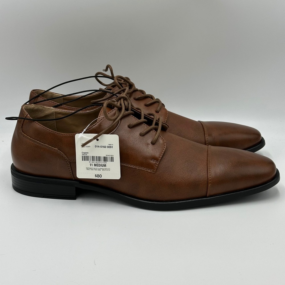 NIB J. Ferrar Brody Cognac Faux Leather Cap Toe Oxford Dress Shoes Mens Size 11 - Picture 2 of 12